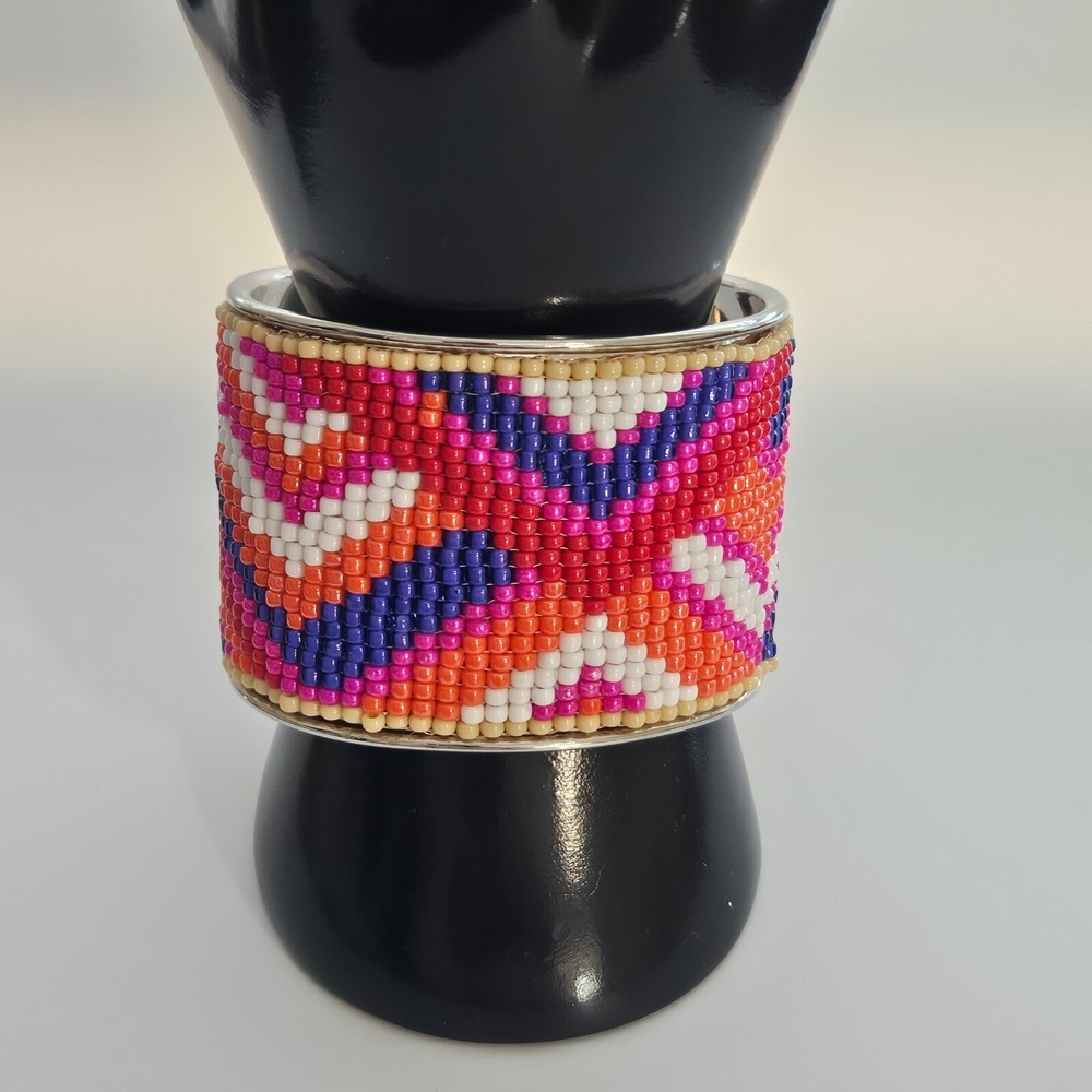 Seed Bead Cuff Bracelet Wide Pink Purple Orange Silver Tone Metal